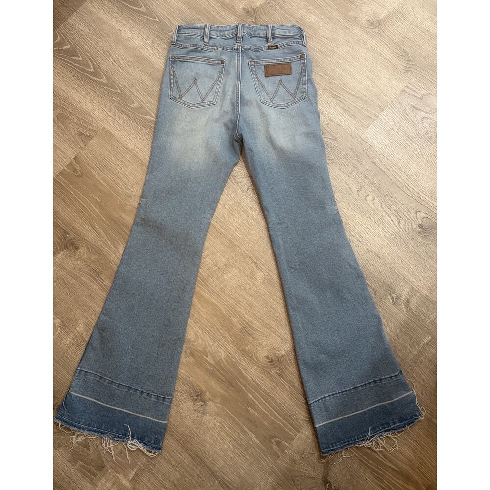 Wrangler Retro High Rise Trouser Jeans Womens Tag 27x34 Blue Flare Raw Hem - Picture 3 of 6
